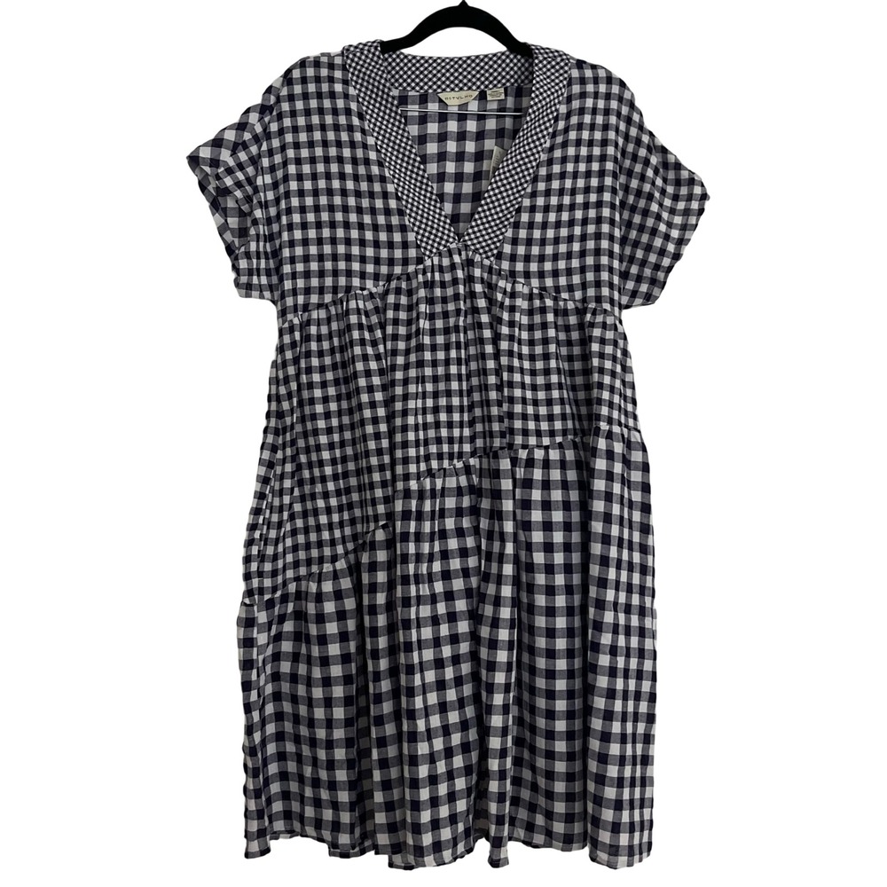 11.1 Tylho Gingham Tiered Babydoll Dress Small Navy White NWT V-Neck Coastal